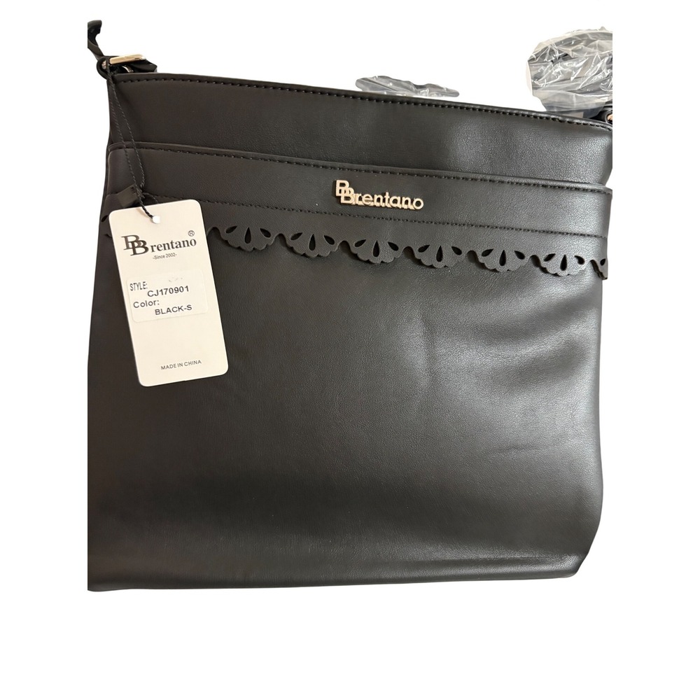 Brentano Black Faux Leather‎ Scalloped Crossbody Bag CJ170901 NWT